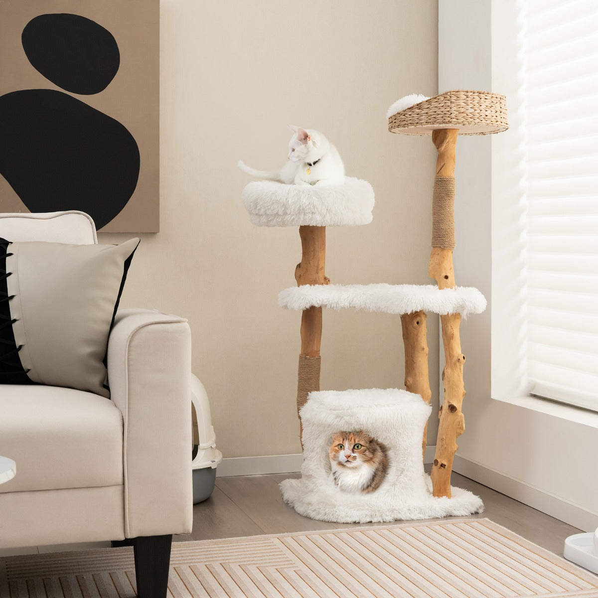 124 CM Tall Wooden Cat Tree with Jute Scratching Posts-Grey