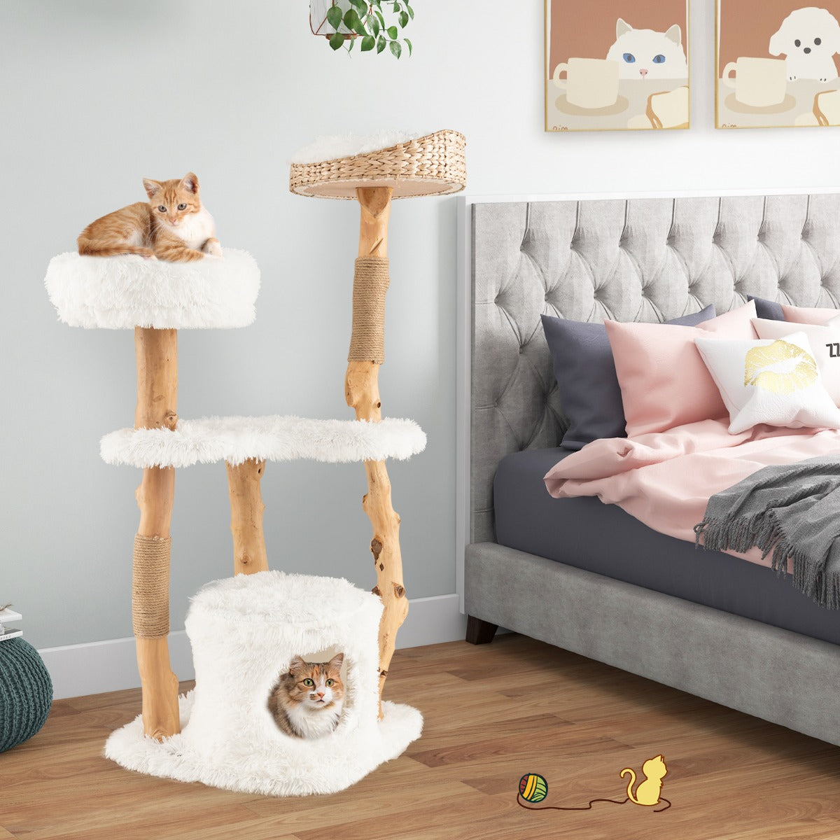 124 CM Tall Wooden Cat Tree with Jute Scratching Posts-Grey