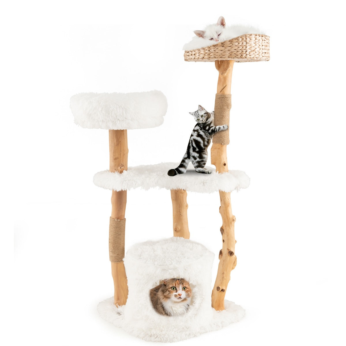 124 CM Tall Wooden Cat Tree with Jute Scratching Posts-Grey
