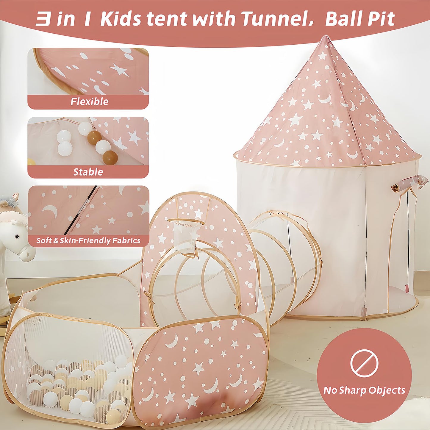 PXFAYSFQ 3-in-1 Kids Play Tent with Tunnel and Ball Pit - Indoor and Outdoor