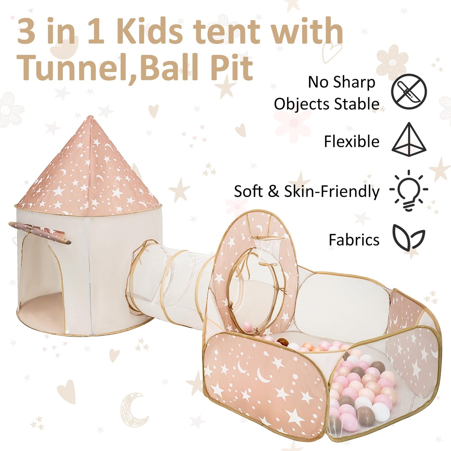 PXFAYSFQ 3-in-1 Kids Play Tent with Tunnel and Ball Pit - Indoor and Outdoor