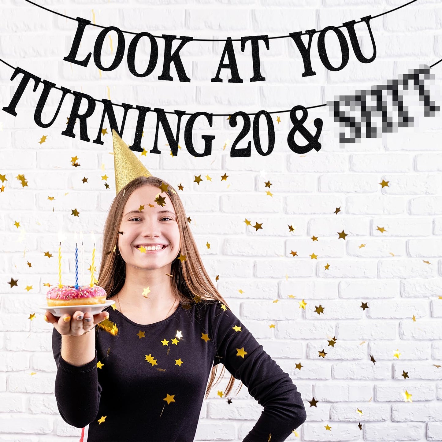 PYBHILK Black Glitter Look at You Turning 20 Banner — 20th Birthday Decor