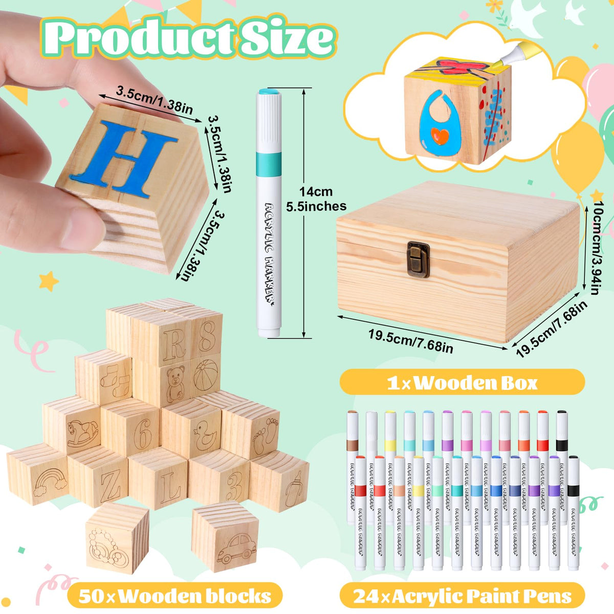 Pydeeirom Baby Shower Blocks Game Set with Wooden Box, Acrylic Markers & Wooden Sign – Gender Reveal & Decorations (GreenLeaves)