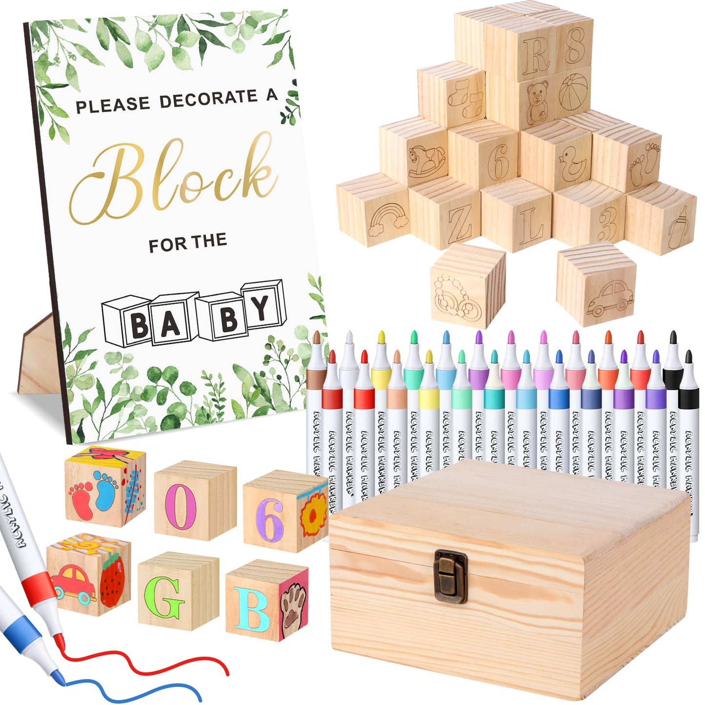 Pydeeirom Baby Shower Blocks Game Set with Wooden Box, Acrylic Markers & Wooden Sign – Gender Reveal & Decorations (GreenLeaves)