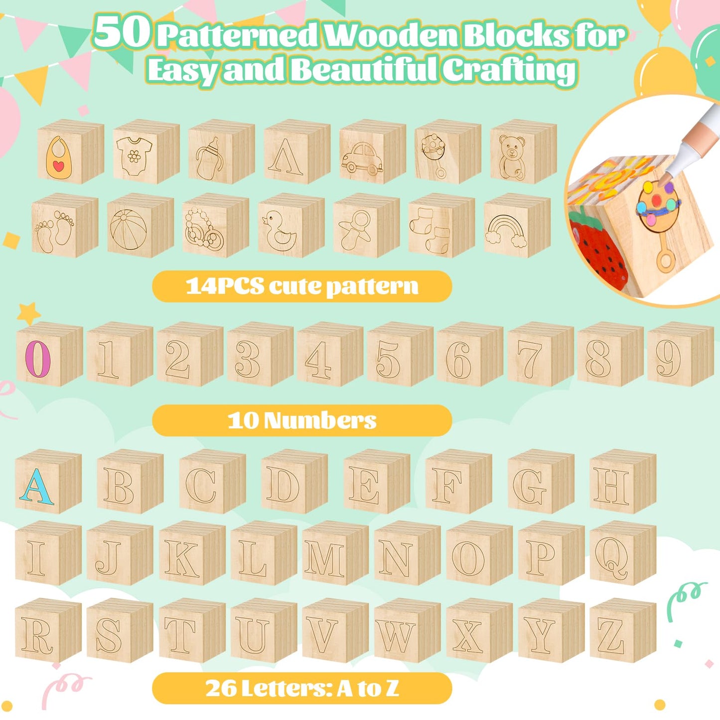 Pydeeirom Baby Shower Blocks Game Set with Wooden Box, Acrylic Markers & Wooden Sign – Gender Reveal & Decorations (GreenLeaves)