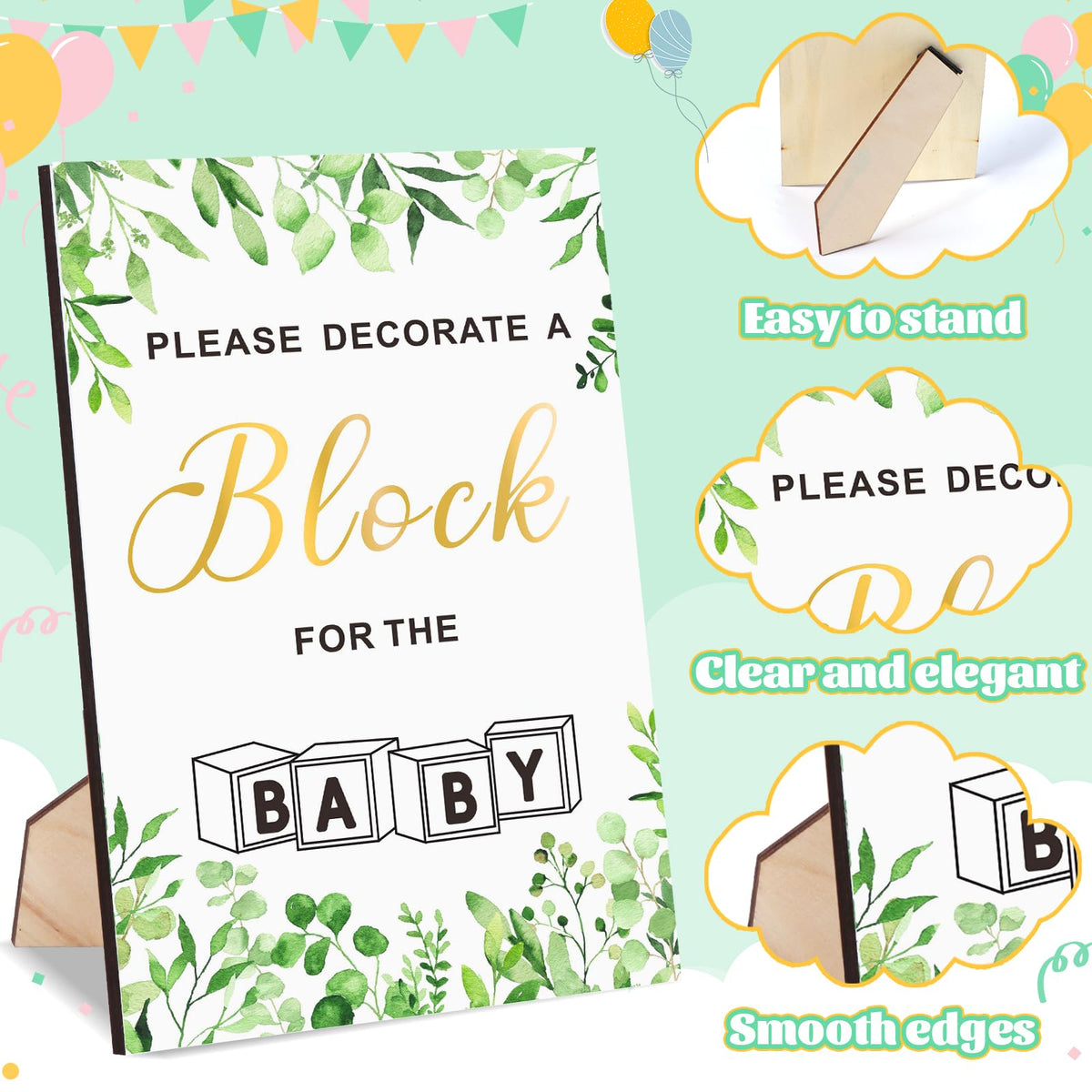 Pydeeirom Baby Shower Blocks Game Set with Wooden Box, Acrylic Markers & Wooden Sign – Gender Reveal & Decorations (GreenLeaves)