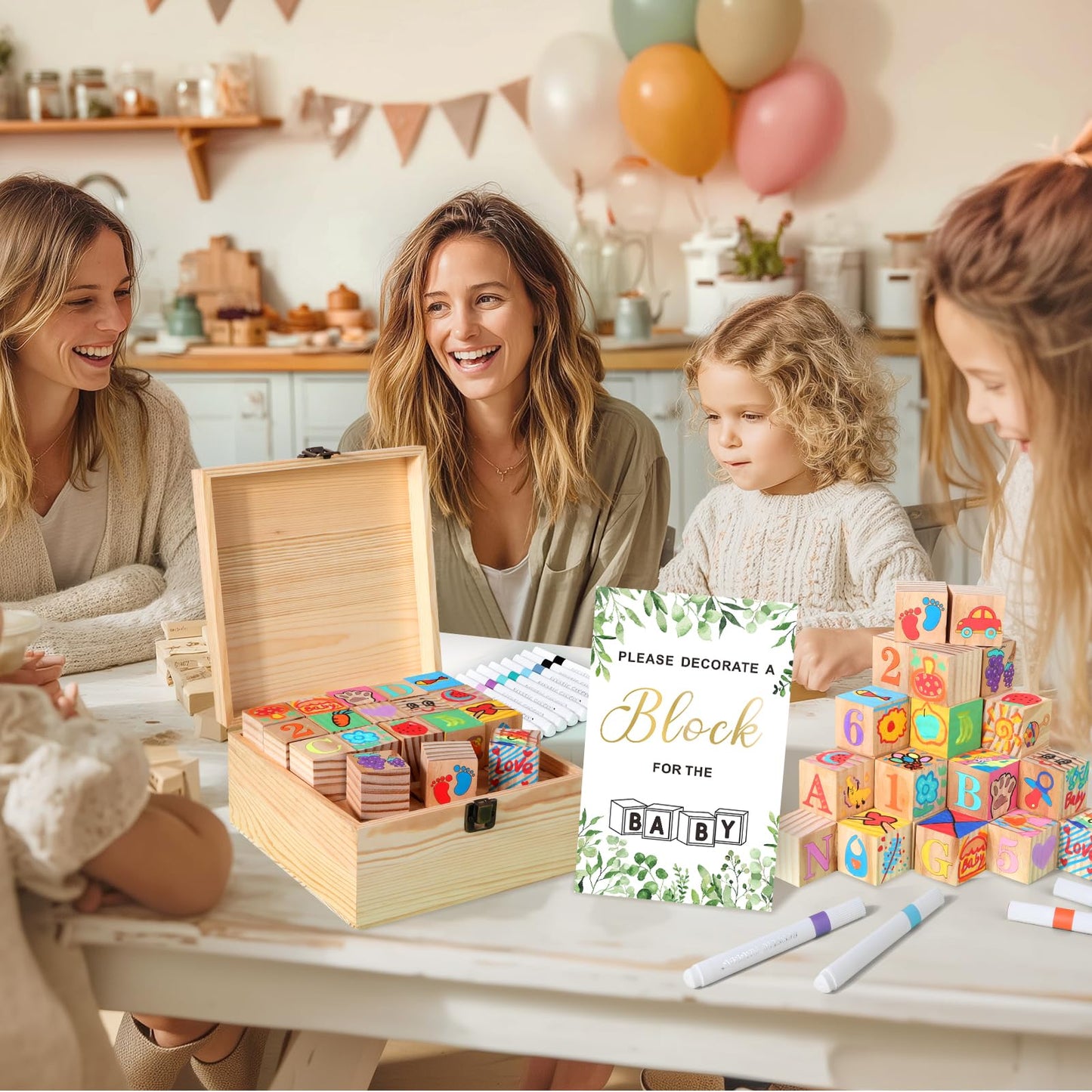 Pydeeirom Baby Shower Blocks Game Set with Wooden Box, Acrylic Markers & Wooden Sign – Gender Reveal & Decorations (GreenLeaves)