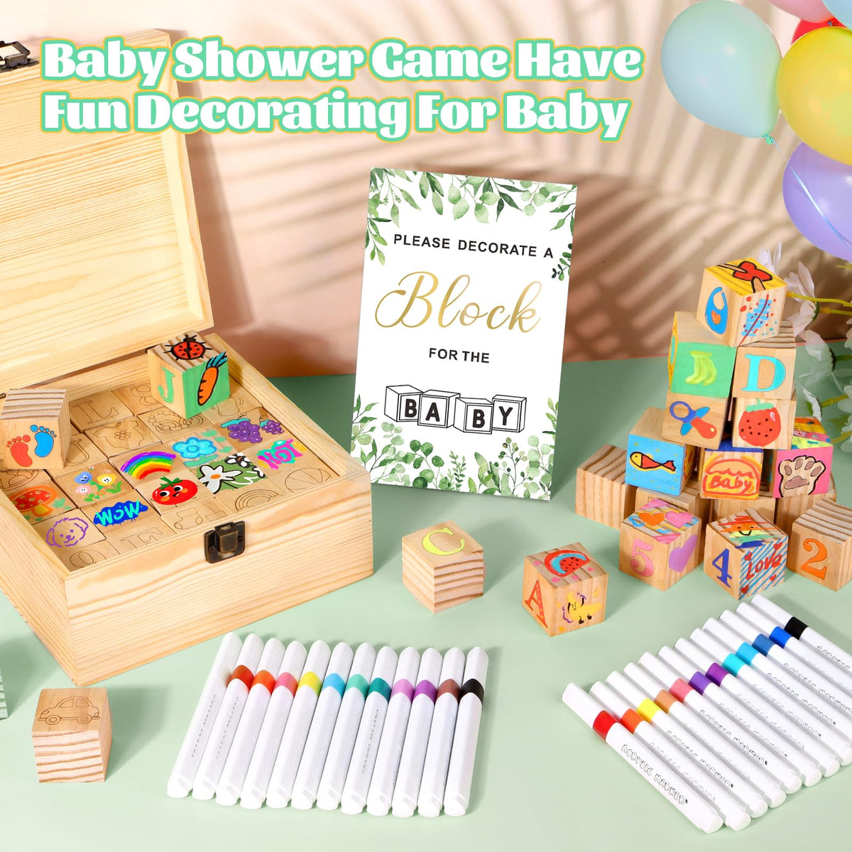 Pydeeirom Baby Shower Blocks Game Set with Wooden Box, Acrylic Markers & Wooden Sign – Gender Reveal & Decorations (GreenLeaves)