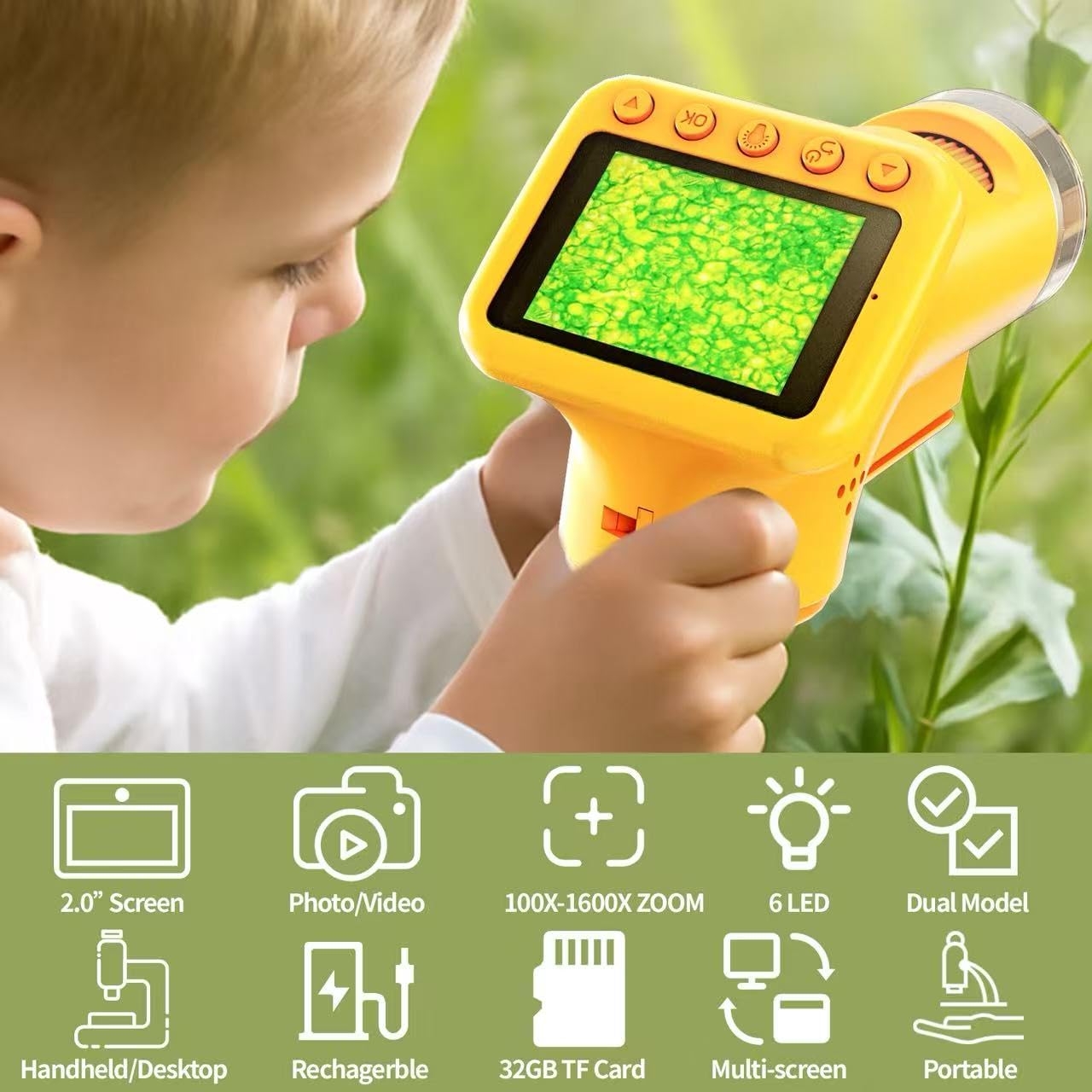 PYRODUM 1600x Kids Microscope with 2-Inch IPS Screen | Portable Digital Pocket Microscope for Ages 6-12