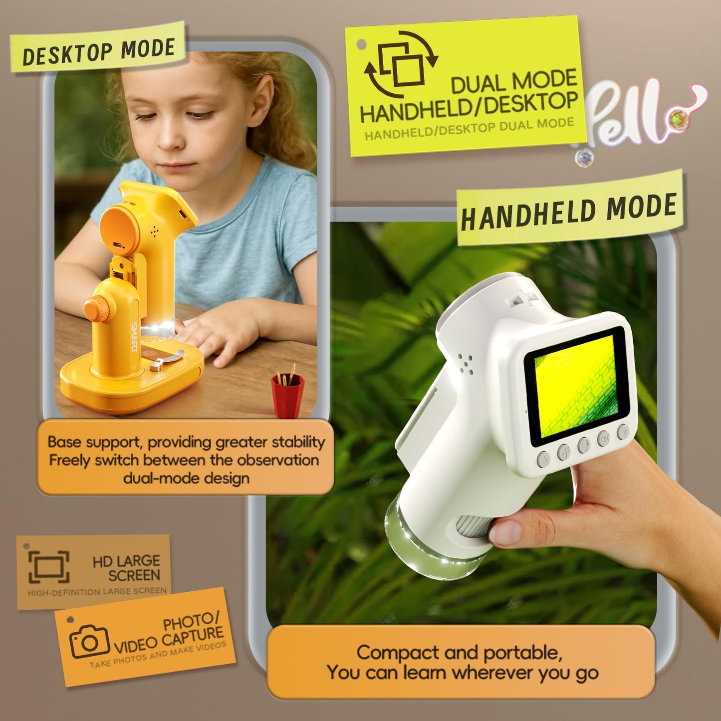 PYRODUM 1600x Kids Microscope with 2-Inch IPS Screen | Portable Digital Pocket Microscope for Ages 6-12
