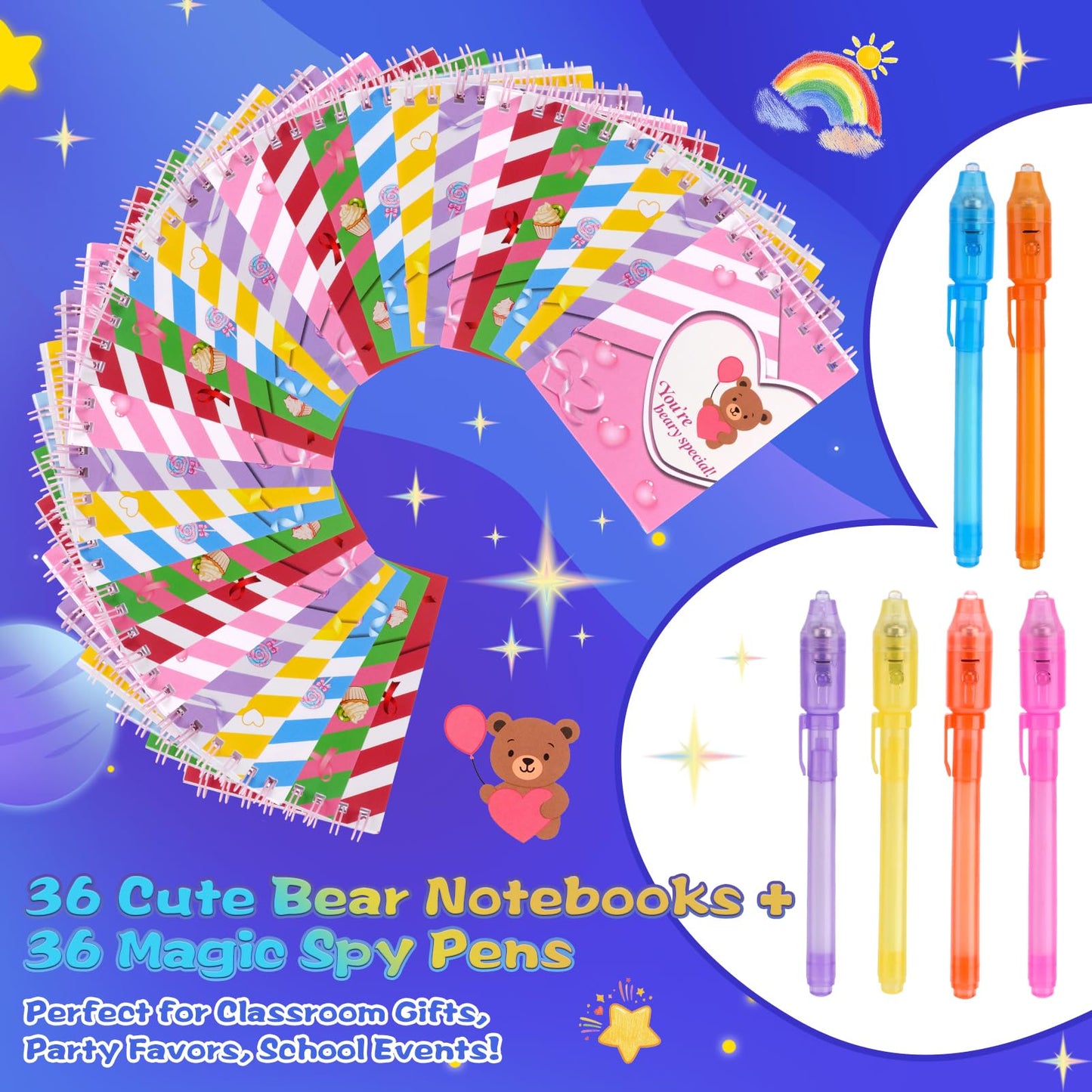 QANIY 36PCS Invisible Ink Pen with UV Light and 36 Multicolor Notebooks – Spy Party Favors