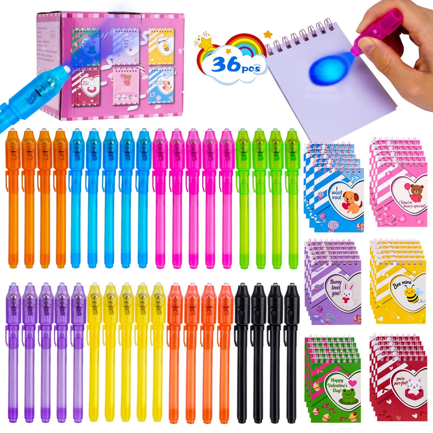 QANIY 36PCS Invisible Ink Pen with UV Light and 36 Multicolor Notebooks – Spy Party Favors