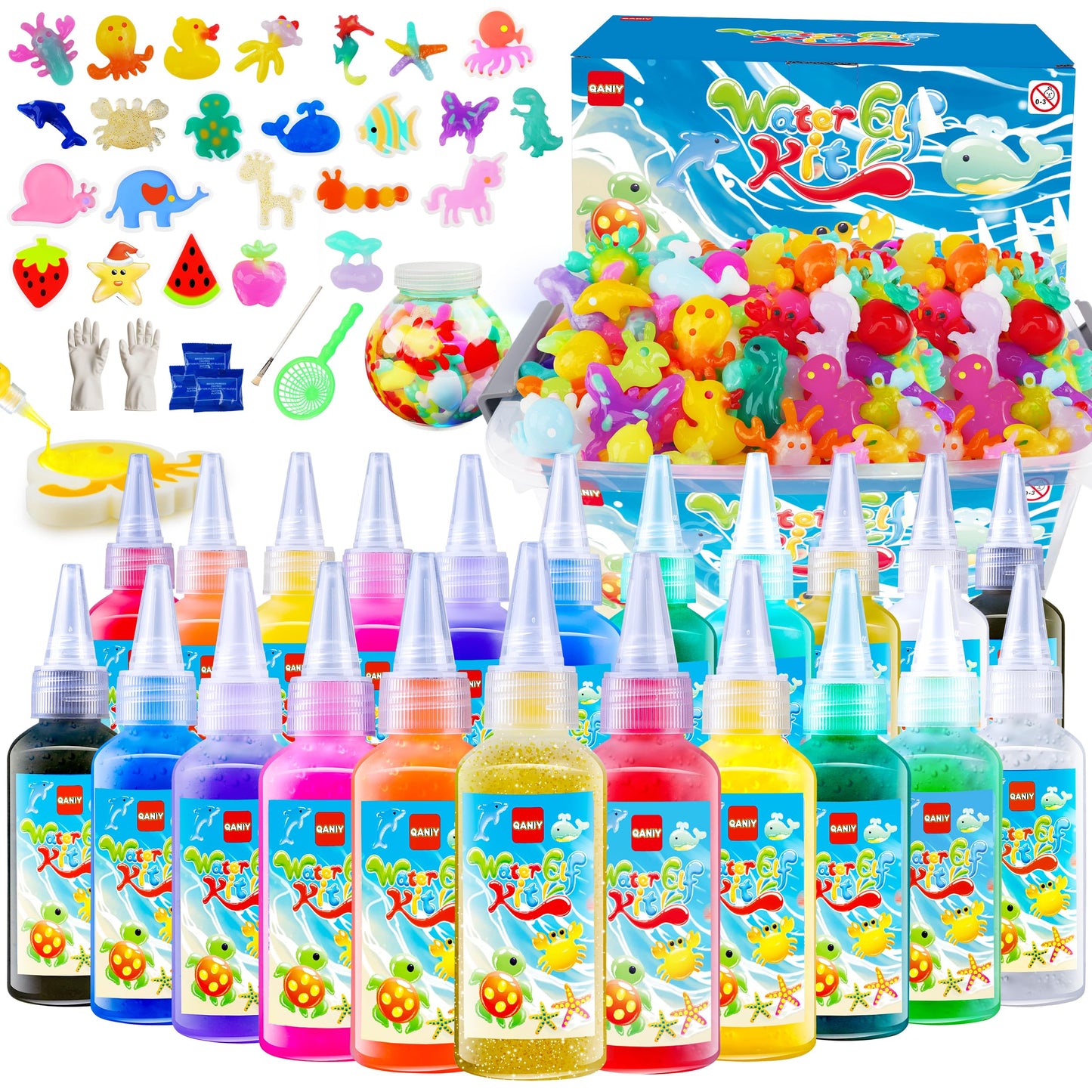 QANIY Magic Water Elf Toy Kit – 24 Molds, 20 Gel Colors, 8 Powder Packs | Creative DIY Aqua Fairy Crafts for Kids (Ages 4–8)