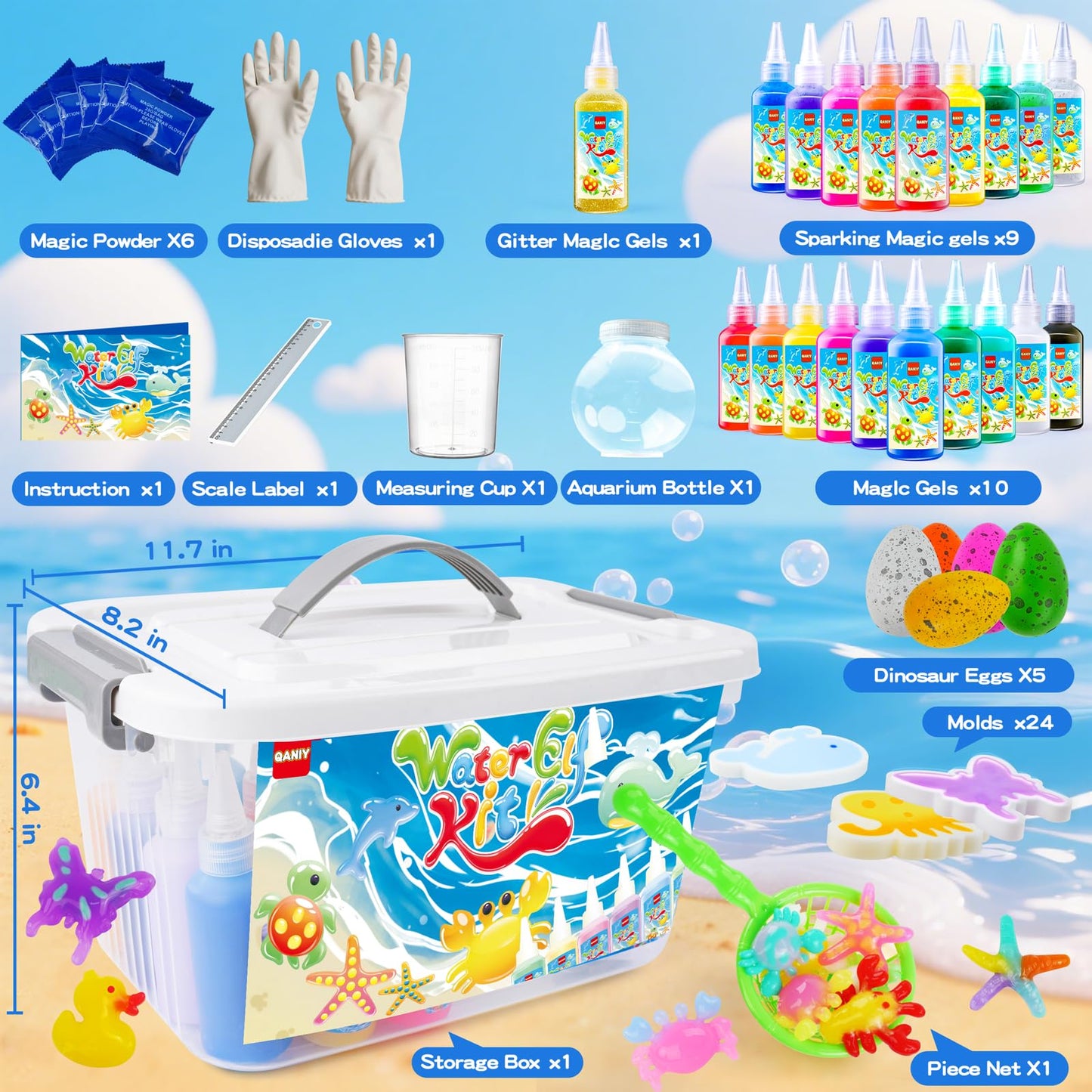 QANIY Magic Water Elf Toy Kit – 24 Molds, 20 Gel Colors, 8 Powder Packs | Creative DIY Aqua Fairy Crafts for Kids (Ages 4–8)