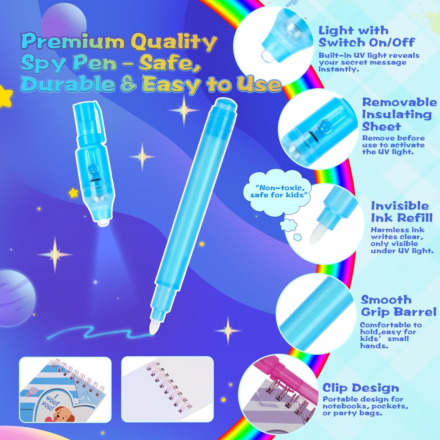 QANIY 36PCS Invisible Ink Pen with UV Light and 36 Multicolor Notebooks – Spy Party Favors