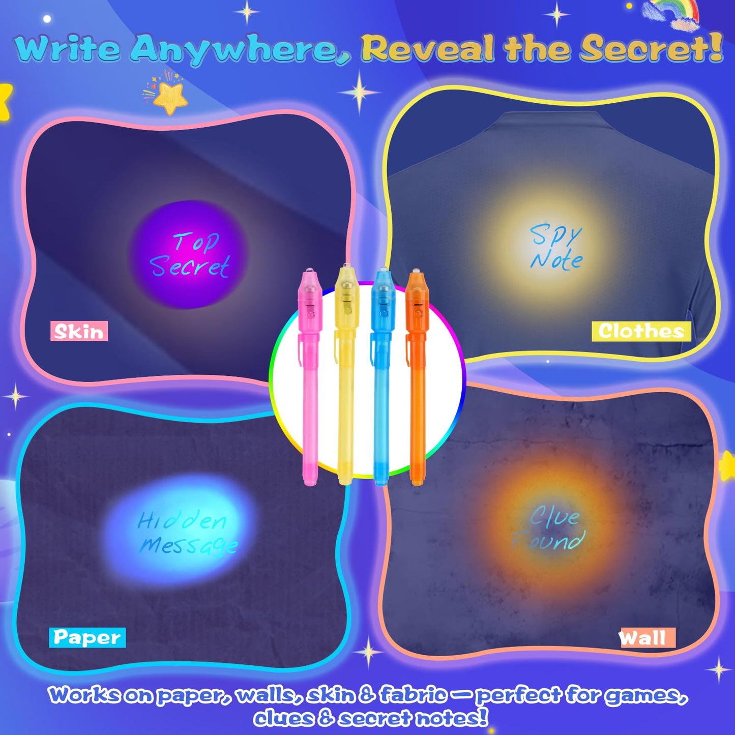 QANIY 36PCS Invisible Ink Pen with UV Light and 36 Multicolor Notebooks – Spy Party Favors