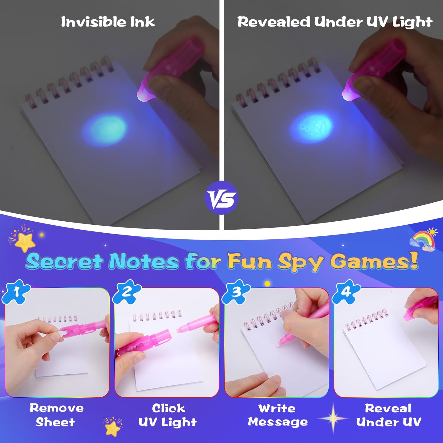 QANIY 36PCS Invisible Ink Pen with UV Light and 36 Multicolor Notebooks – Spy Party Favors