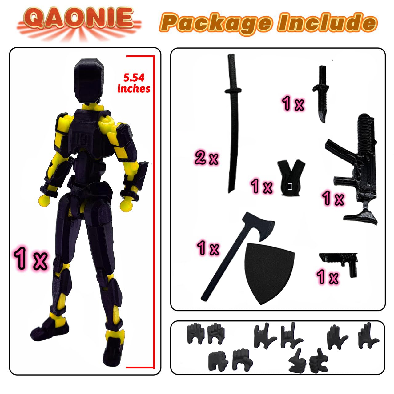 QAONIE Assembly-Completed 3D Printed Figure Dummy13 (5.54 in) with Weapon Expansion Set & Bracket | Movable Desk Decoration (Black & Yellow)