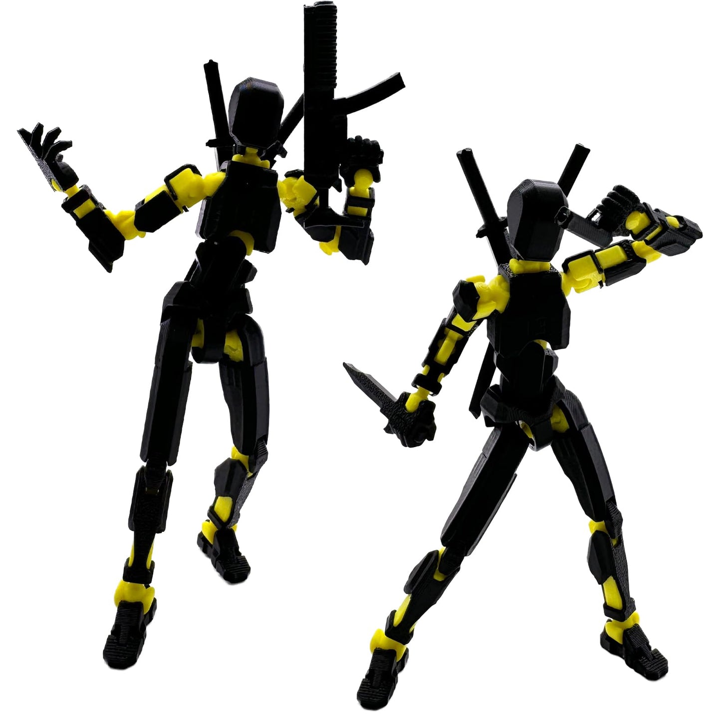 QAONIE Assembly-Completed 3D Printed Figure Dummy13 (5.54 in) with Weapon Expansion Set & Bracket | Movable Desk Decoration (Black & Yellow)