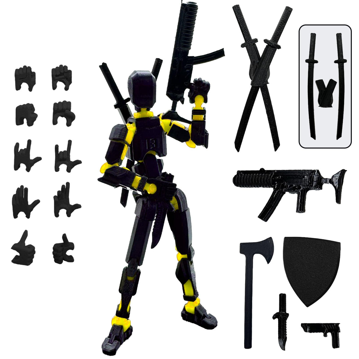 QAONIE Assembly-Completed 3D Printed Figure Dummy13 (5.54 in) with Weapon Expansion Set & Bracket | Movable Desk Decoration (Black & Yellow)