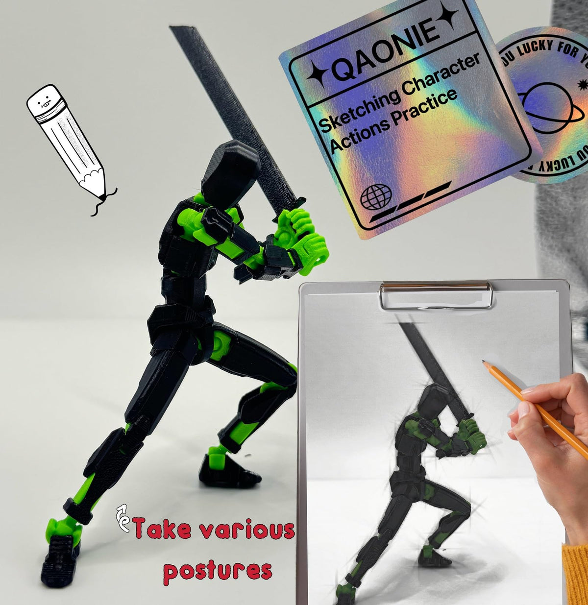 QAONIE Assembly-Completed 3D Printed Figure Dummy13 (5.54 in) with Weapon Expansion Set & Bracket | Movable Desk Decoration (Black & Yellow)