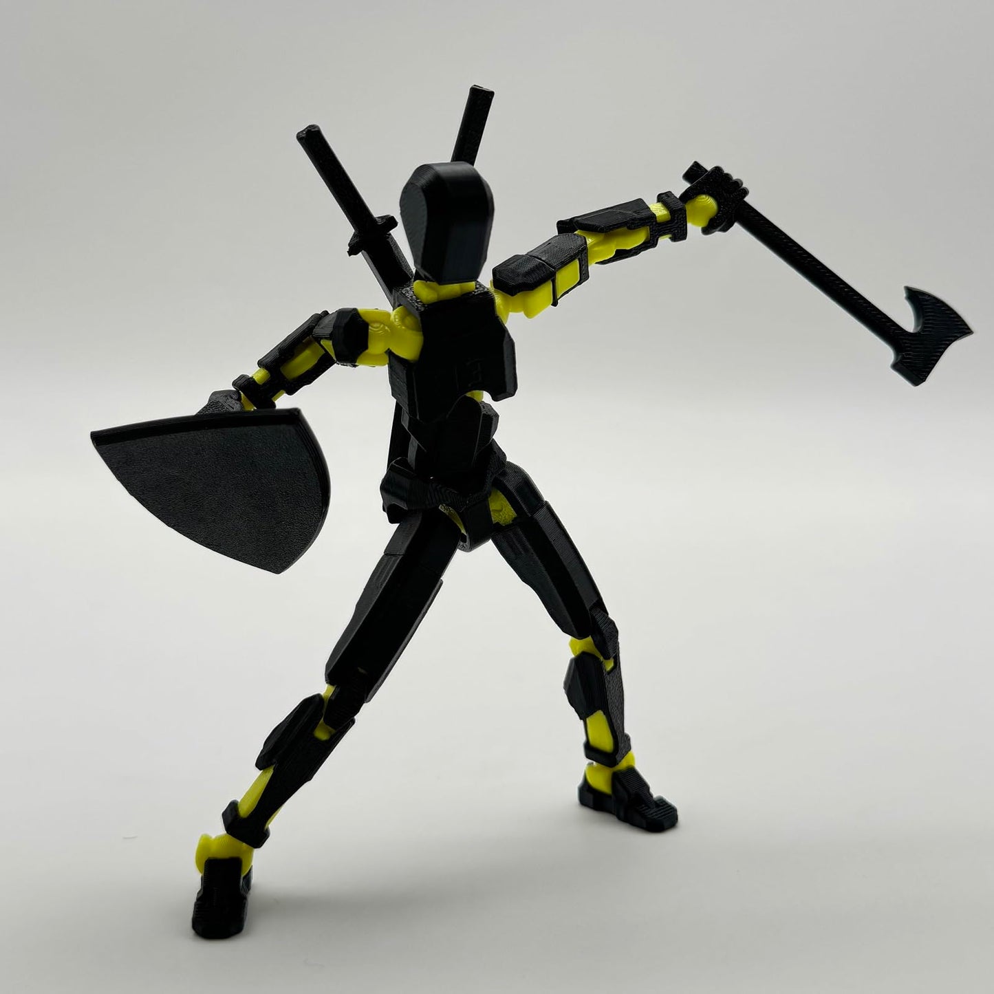 QAONIE Assembly-Completed 3D Printed Figure Dummy13 (5.54 in) with Weapon Expansion Set & Bracket | Movable Desk Decoration (Black & Yellow)