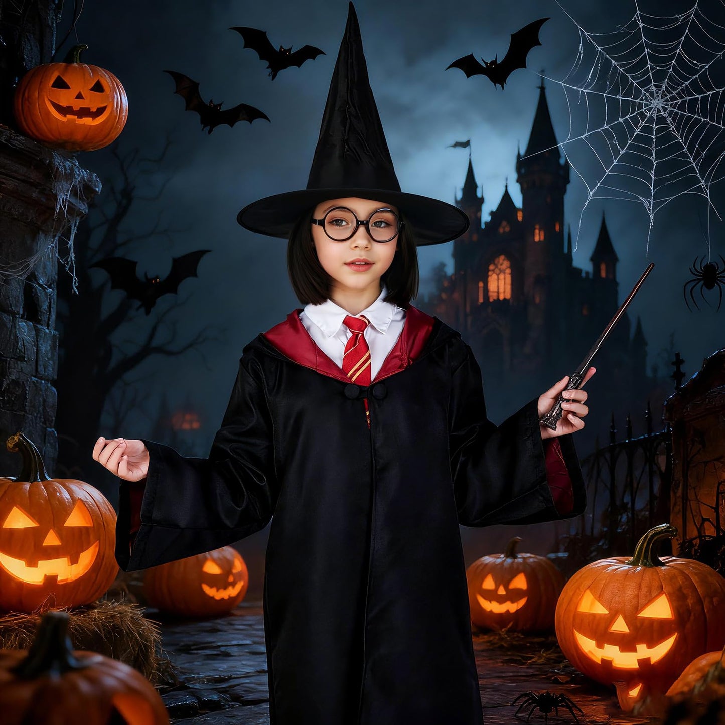 QAQ-COSPLAY Wizard Costume for Kids – Complete Robe, Wand, Glasses & Accessories Set