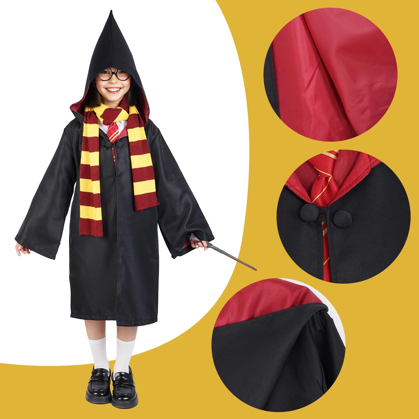 QAQ-COSPLAY Wizard Costume for Kids – Complete Robe, Wand, Glasses & Accessories Set