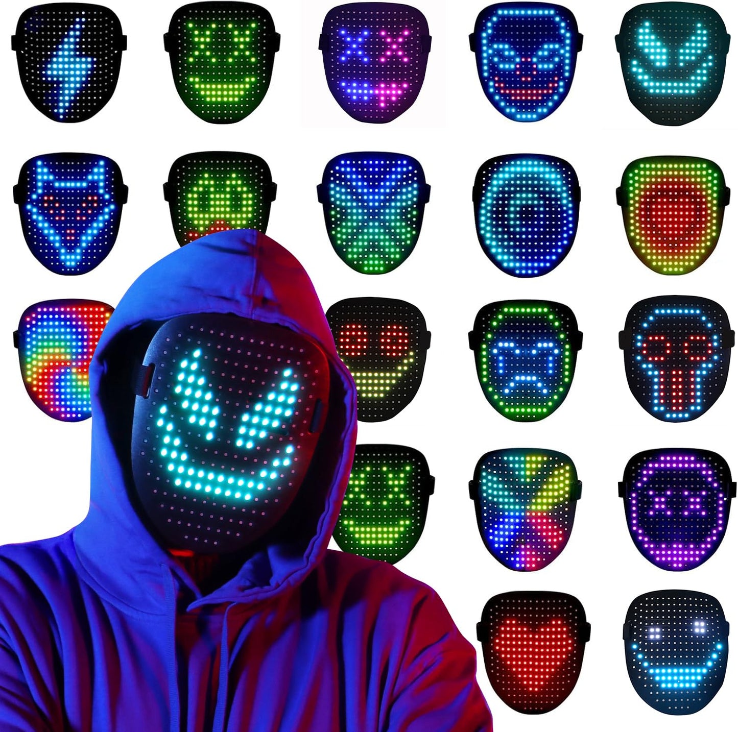 QAQ LED Mask with Gesture Sensing - Dynamic Patterns for Parties & Costumes