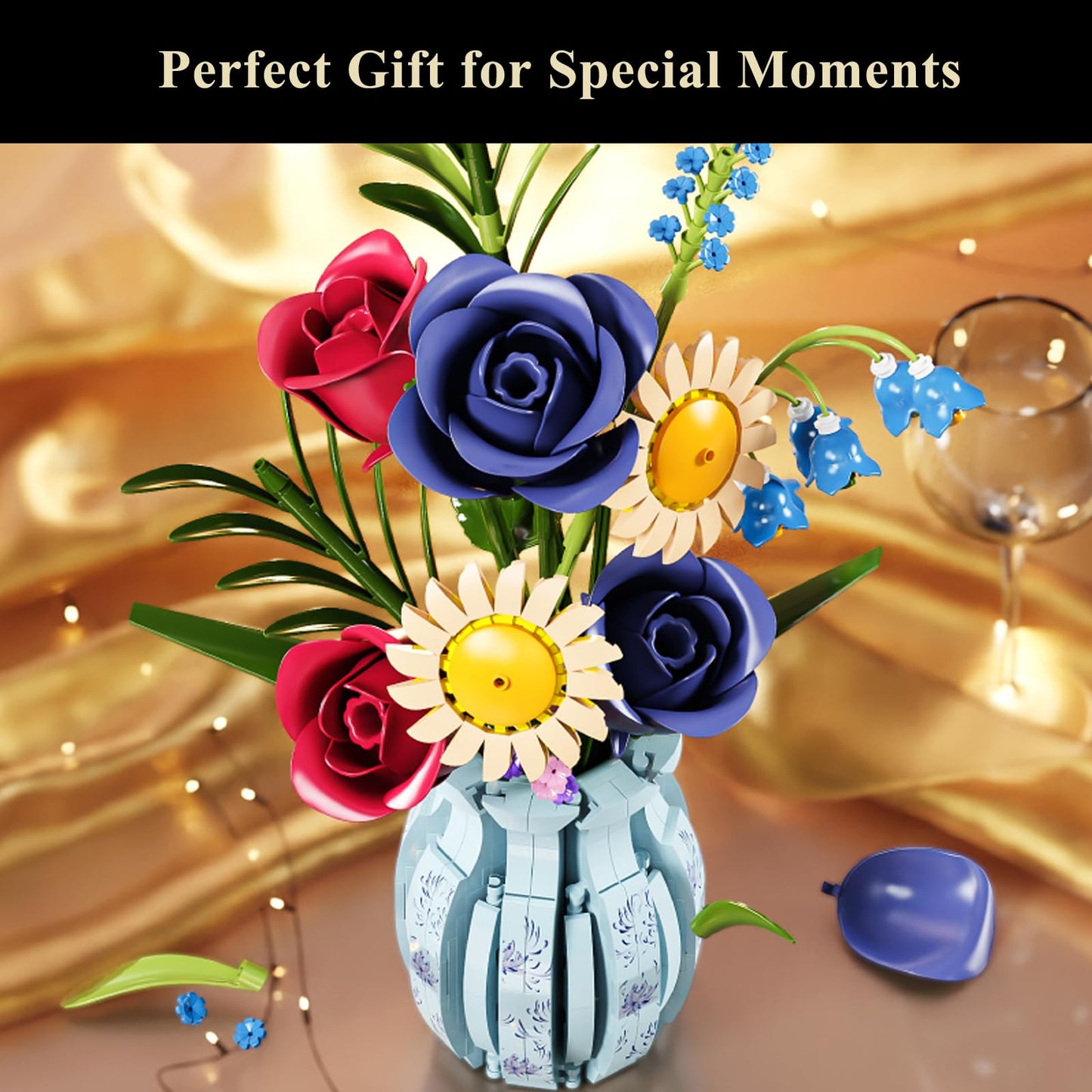 QARULUS Roses Flower Bouquet Building Set | 787 Pieces with Vase – Gift Idea for Women