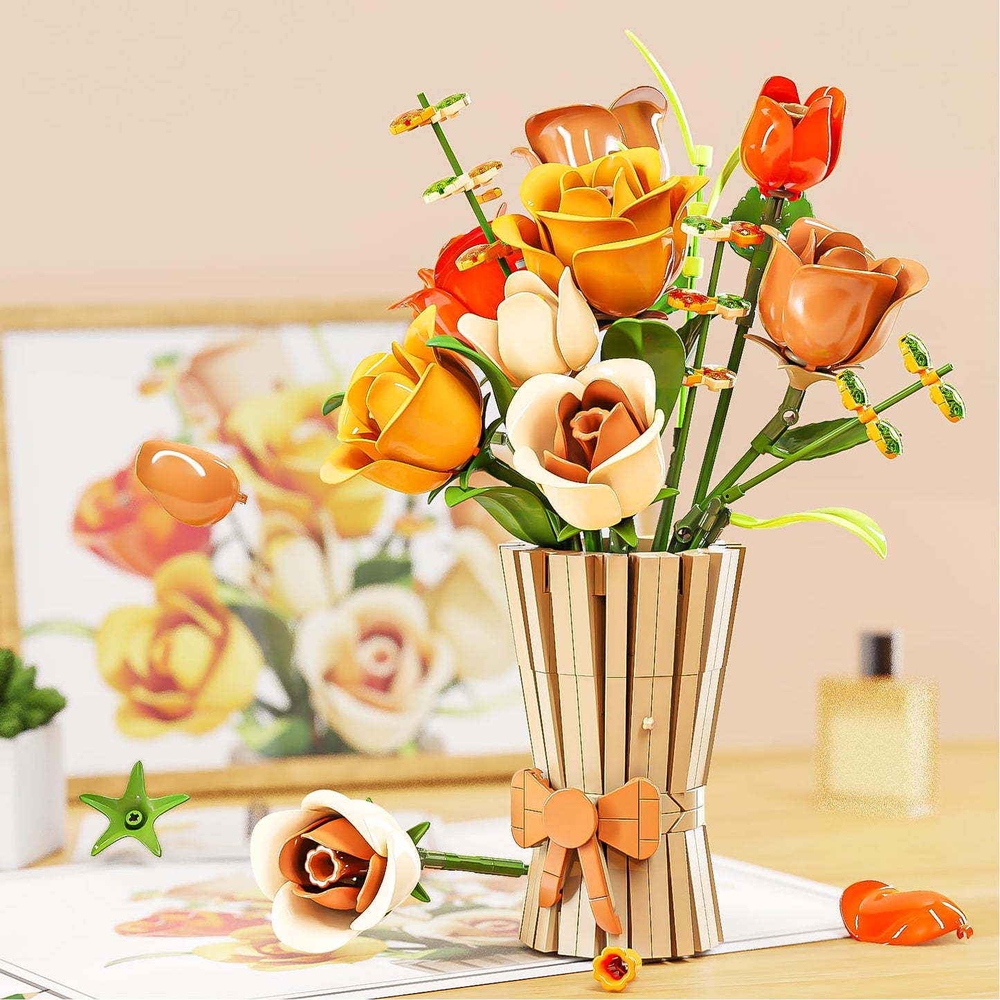 QARULUS Roses Bouquet Building Set – 868 Pcs Flower Kit for Home Decor & Gifts