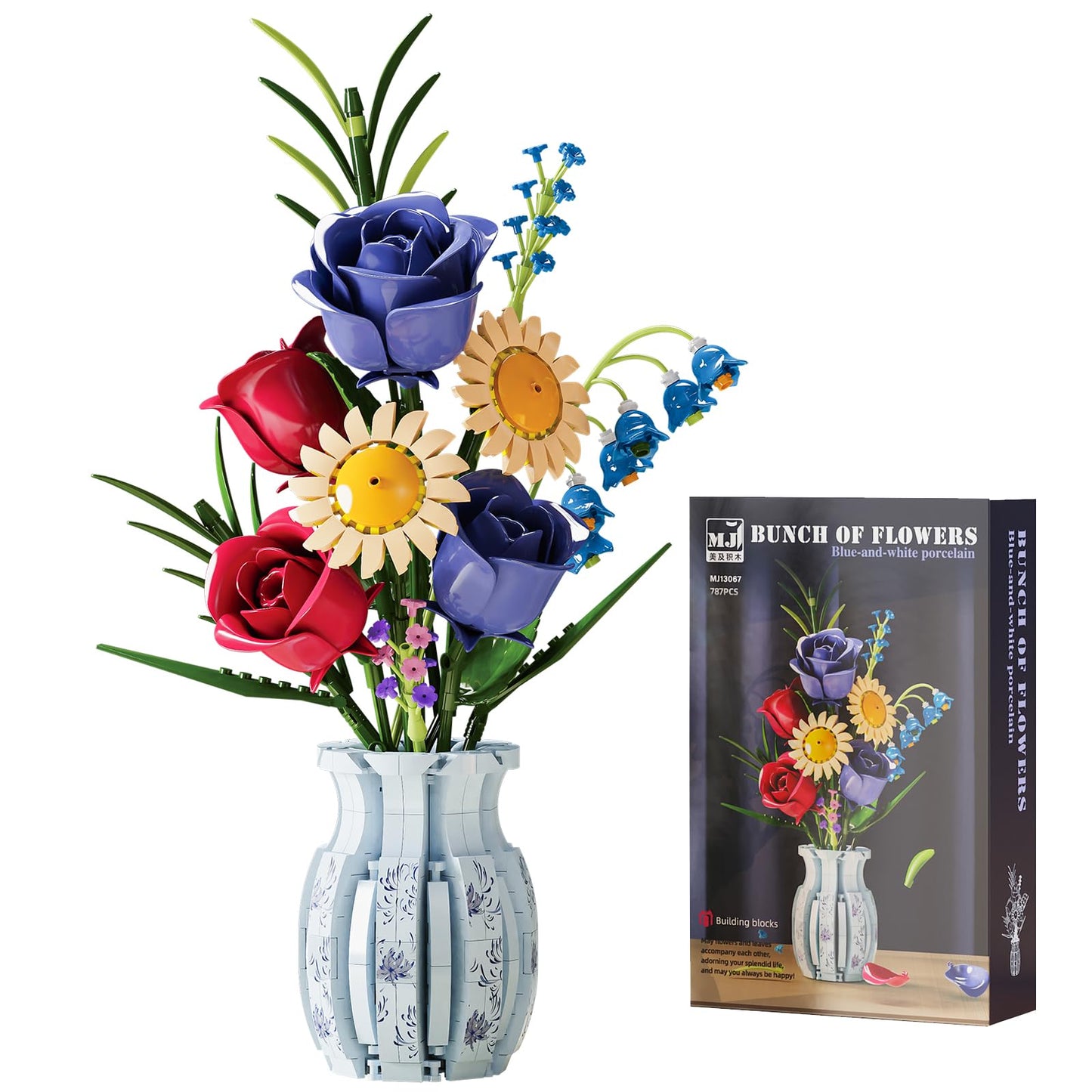 QARULUS Roses Flower Bouquet Building Set | 787 Pieces with Vase – Gift Idea for Women
