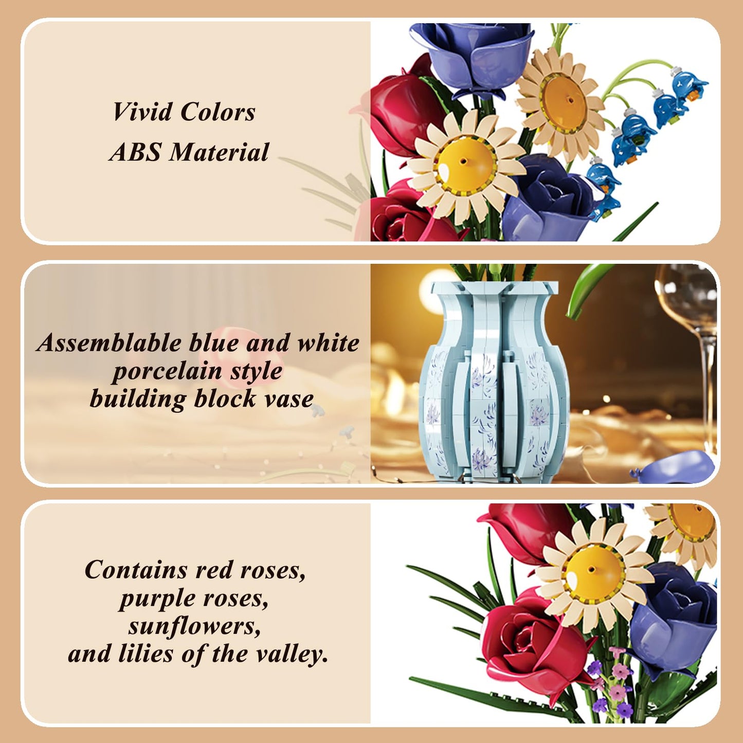 QARULUS Roses Flower Bouquet Building Set | 787 Pieces with Vase – Gift Idea for Women