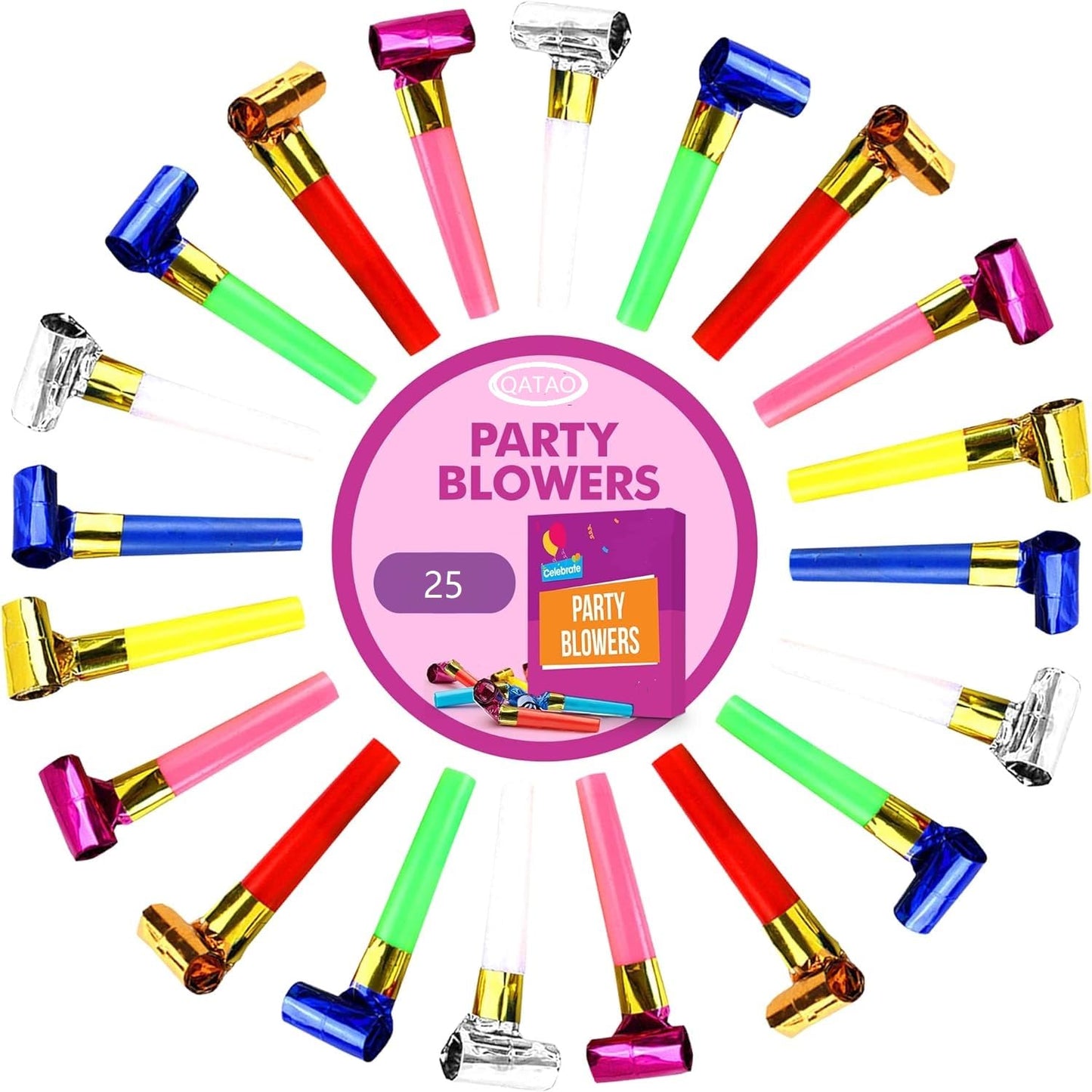 Qatao 25pcs Small Party Blowers – Colorful Noisemakers for Birthdays & Celebrations