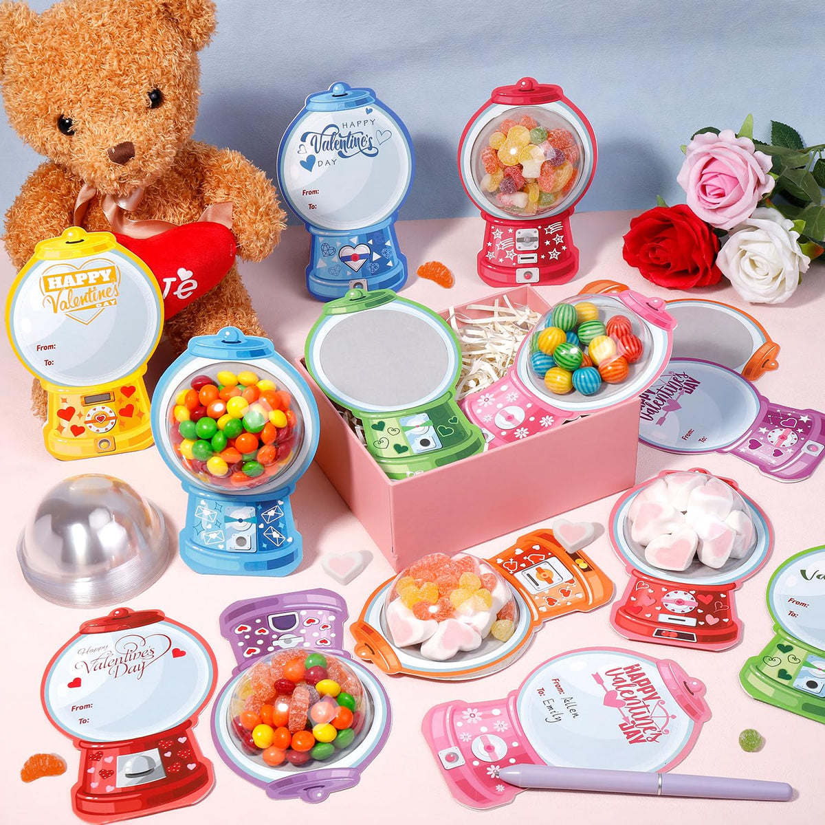 QAUYETM 48 Pack Valentine Cards for Kids with Bubble Gum Dome Candies