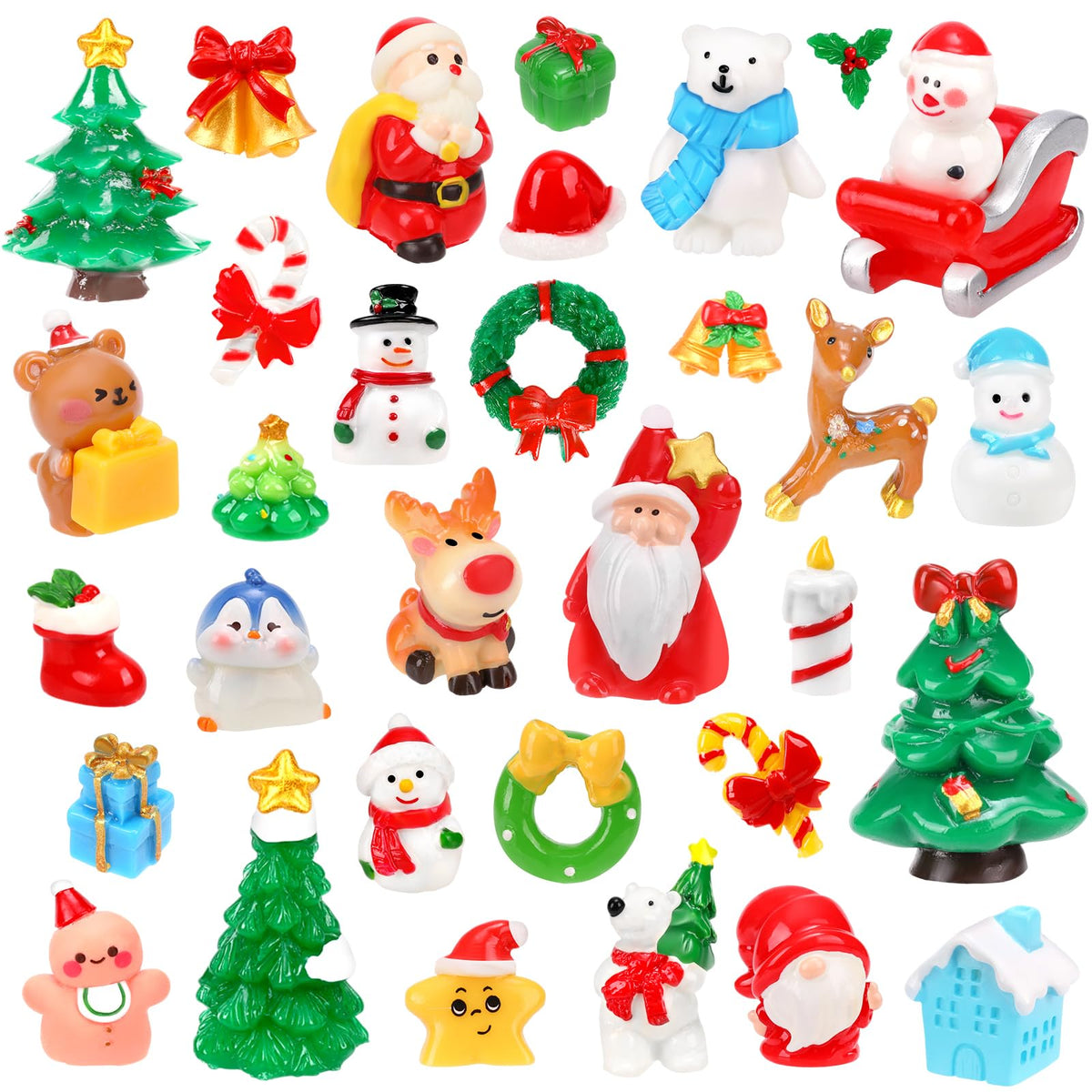 QAUYETM 50Pcs Christmas Miniature Figurines – 50 Unique Resin Santa, Snowman & More for Xmas Decor