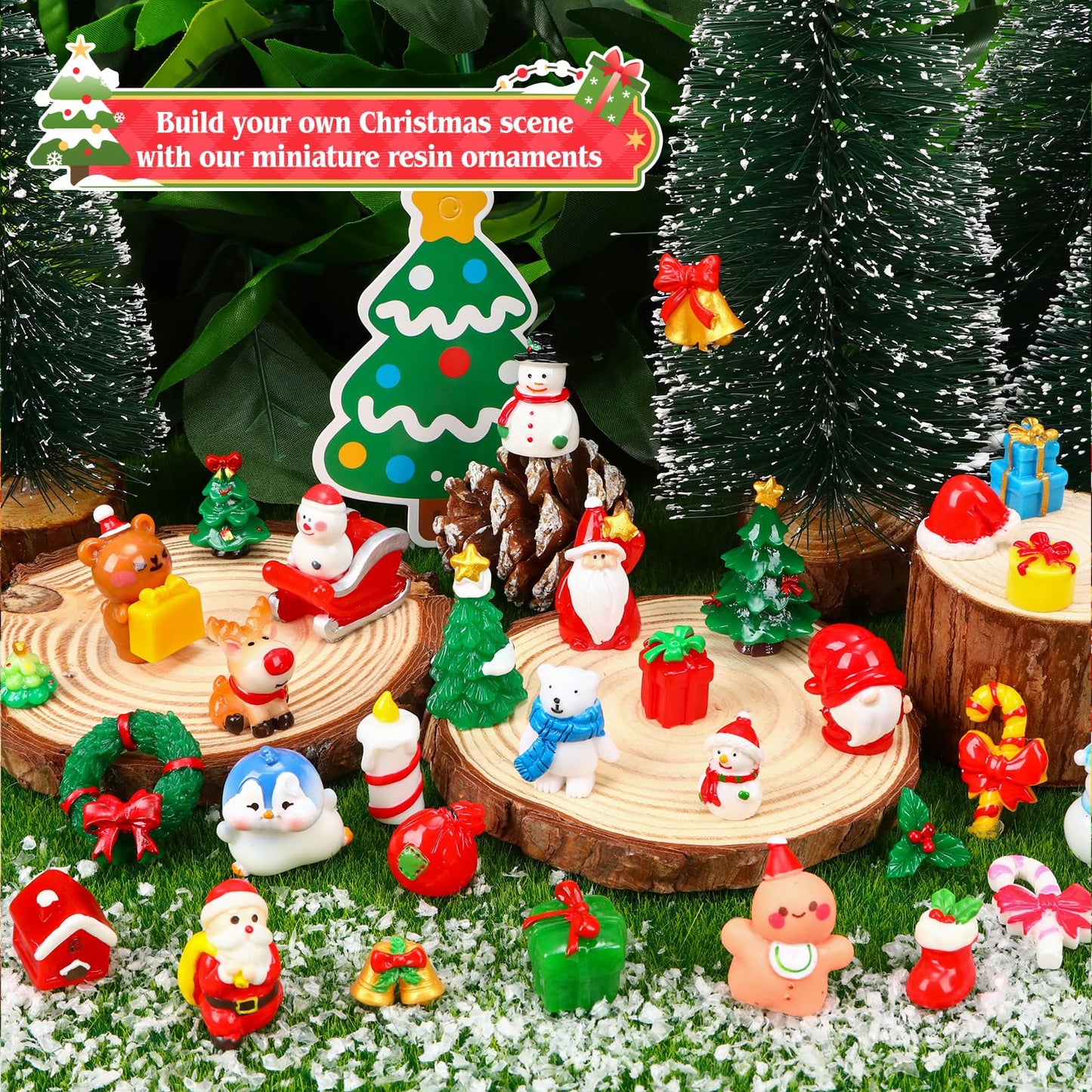QAUYETM 50Pcs Christmas Miniature Figurines – 50 Unique Resin Santa, Snowman & More for Xmas Decor
