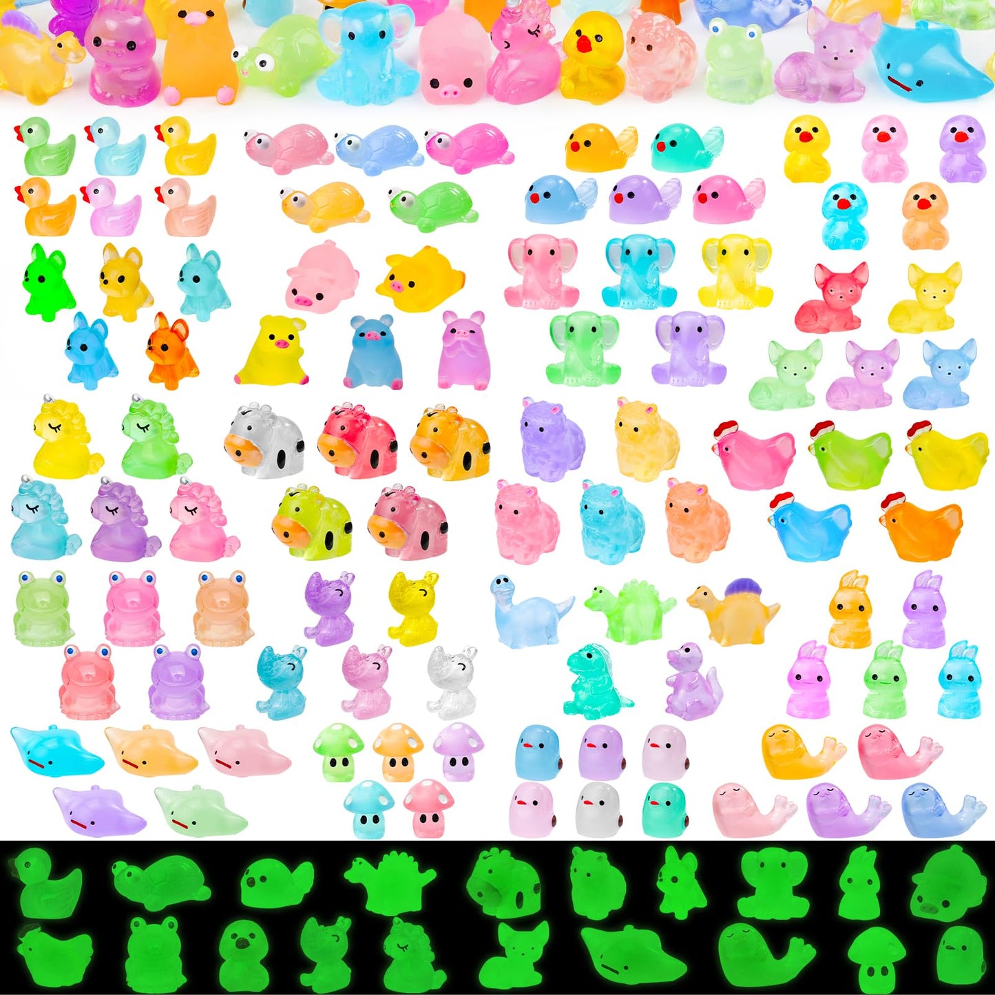 QAUYETM 120PCS Glow-in-the-Dark Mini Resin Animals — 20 Styles for Fairy Gardens & Terrariums