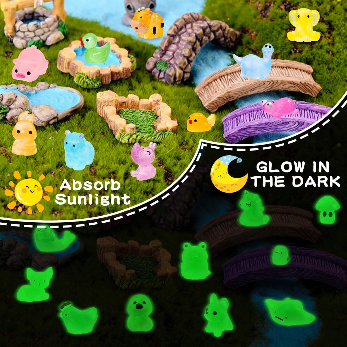 QAUYETM 120PCS Glow-in-the-Dark Mini Resin Animals — 20 Styles for Fairy Gardens & Terrariums