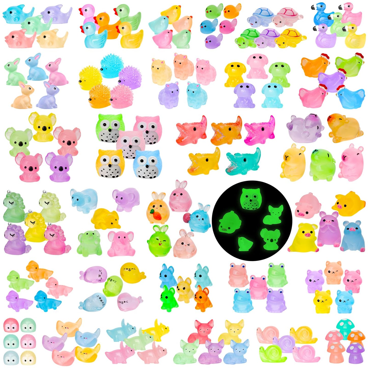 QAUYETM 200pcs Luminous Mini Resin Animals – 30 Glow in the Dark Figurines