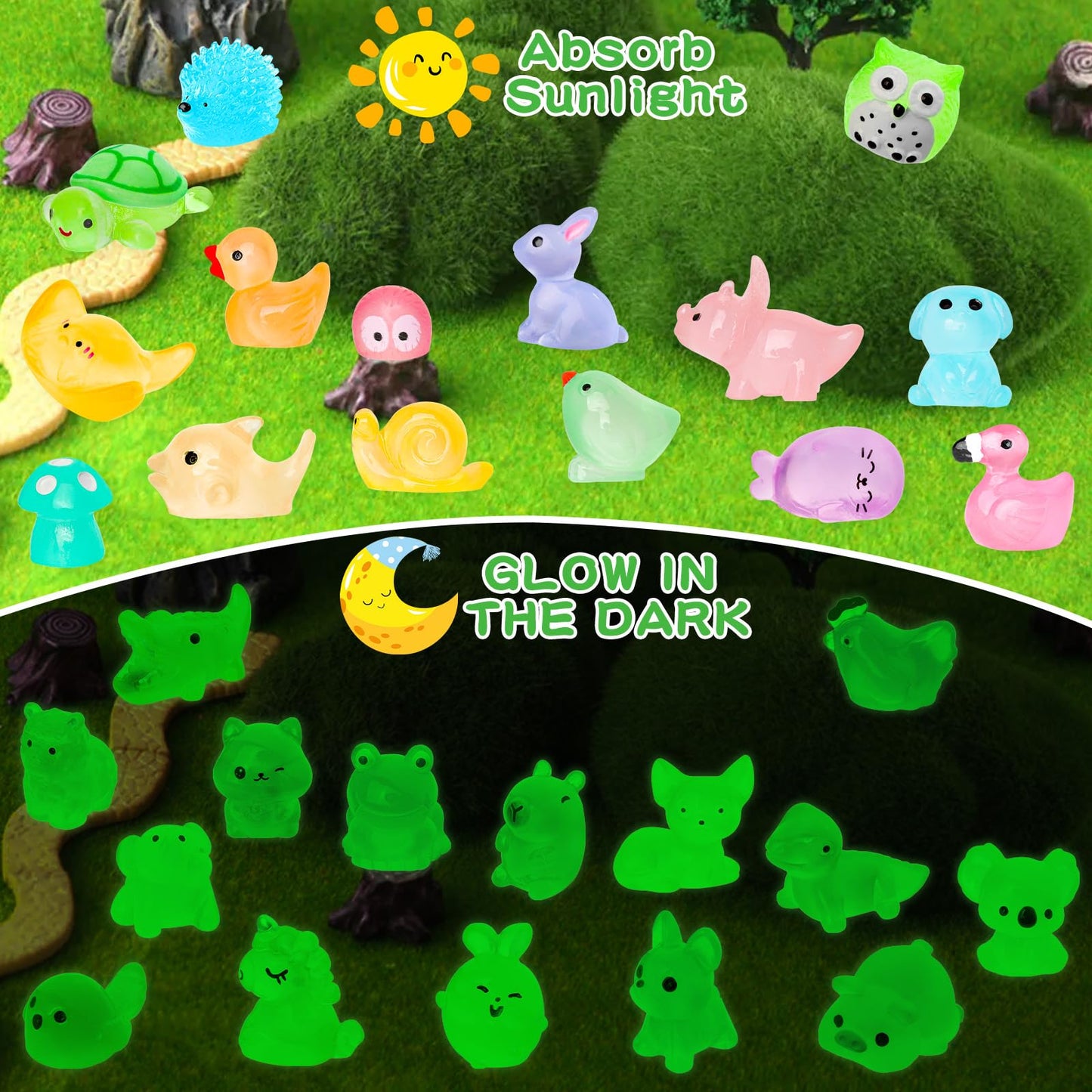 QAUYETM 200pcs Luminous Mini Resin Animals – 30 Glow in the Dark Figurines