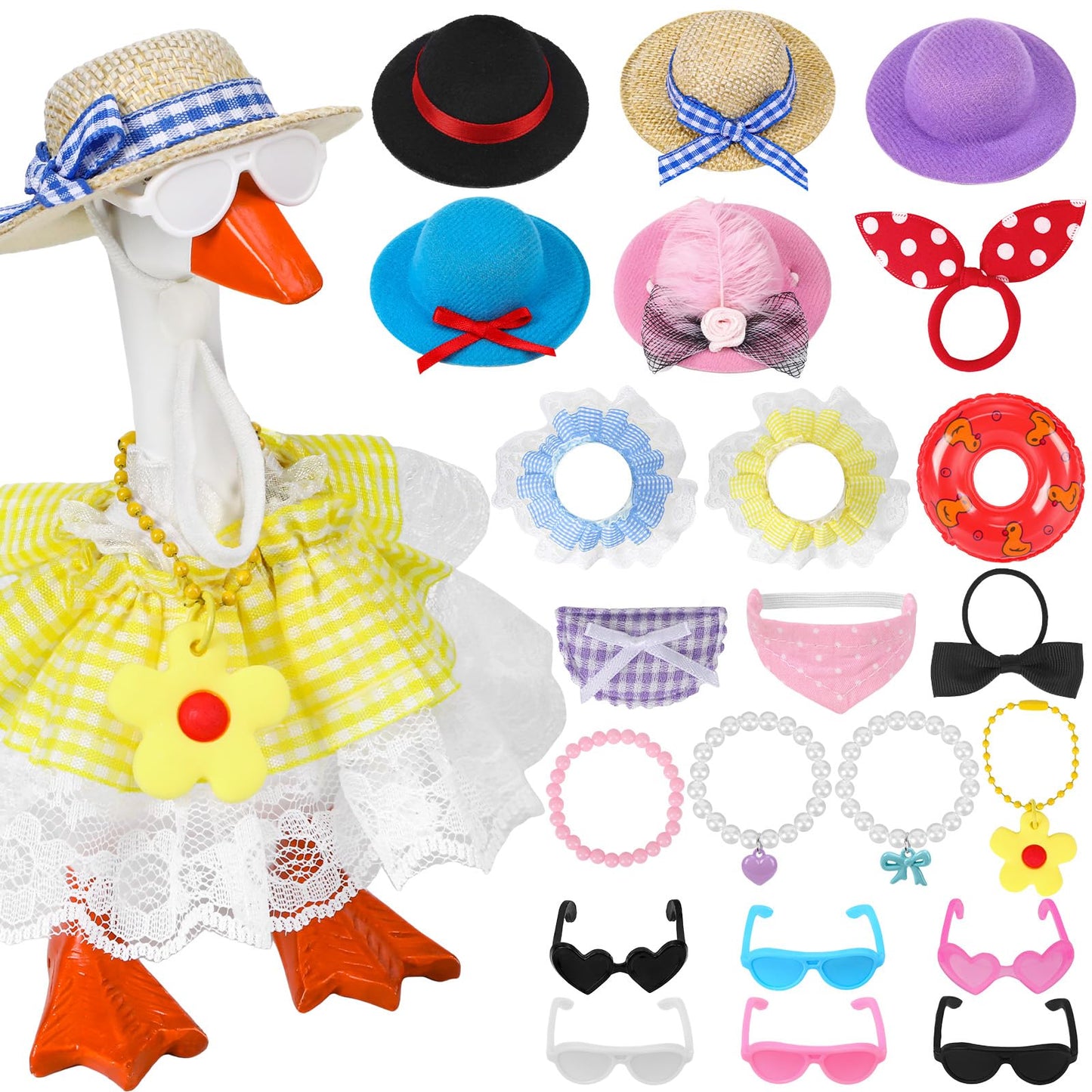 QAUYETM 6-Piece Mini Desk Goose Outfit Set for 7-Inch Goose – Hats, Dresses, Sunglasses & Accessories