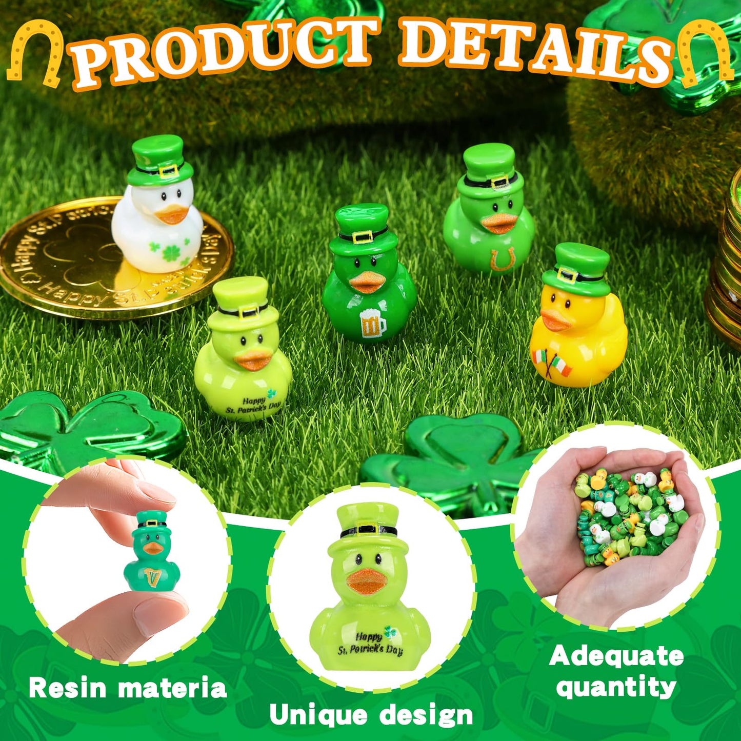 QAUYETM 60 Pcs St Patrick's Day Mini Resin Ducks - 6 Styles for Party Favors & Decor