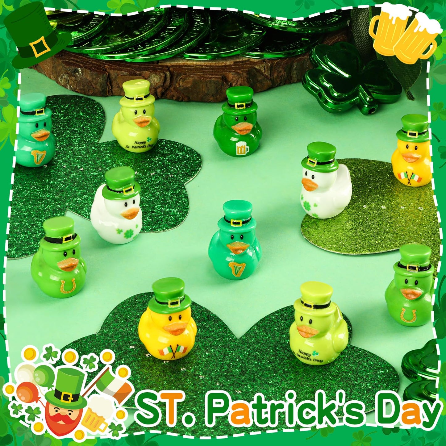 QAUYETM 60 Pcs St Patrick's Day Mini Resin Ducks - 6 Styles for Party Favors & Decor