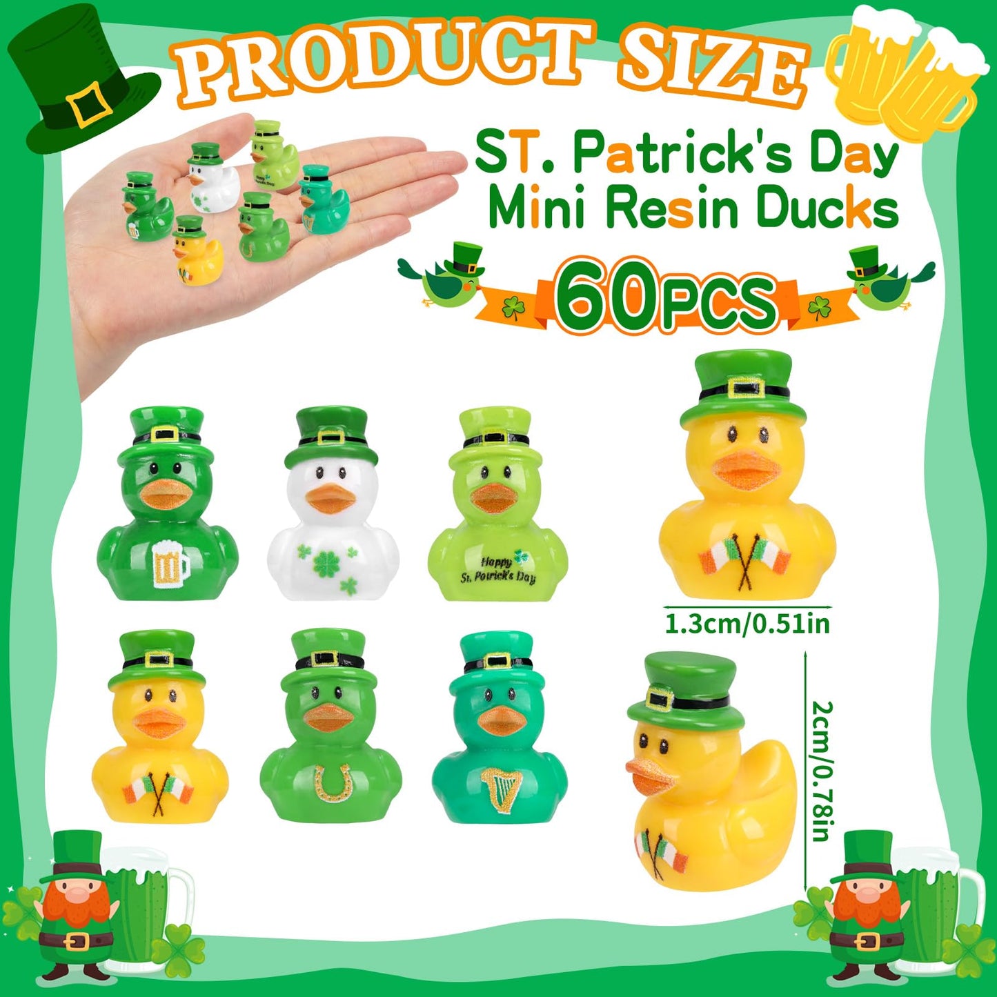 QAUYETM 60 Pcs St Patrick's Day Mini Resin Ducks - 6 Styles for Party Favors & Decor
