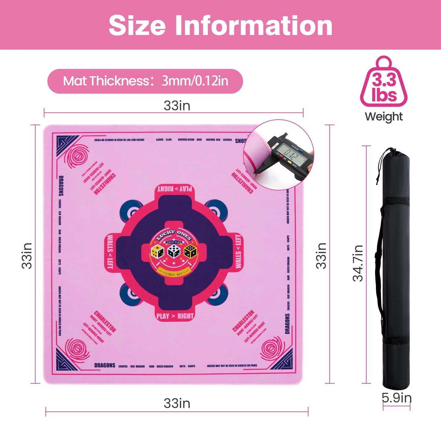 QAZWQAZ Mahjong Mat with Rules 33x33 – Non-Slip Neoprene Pink