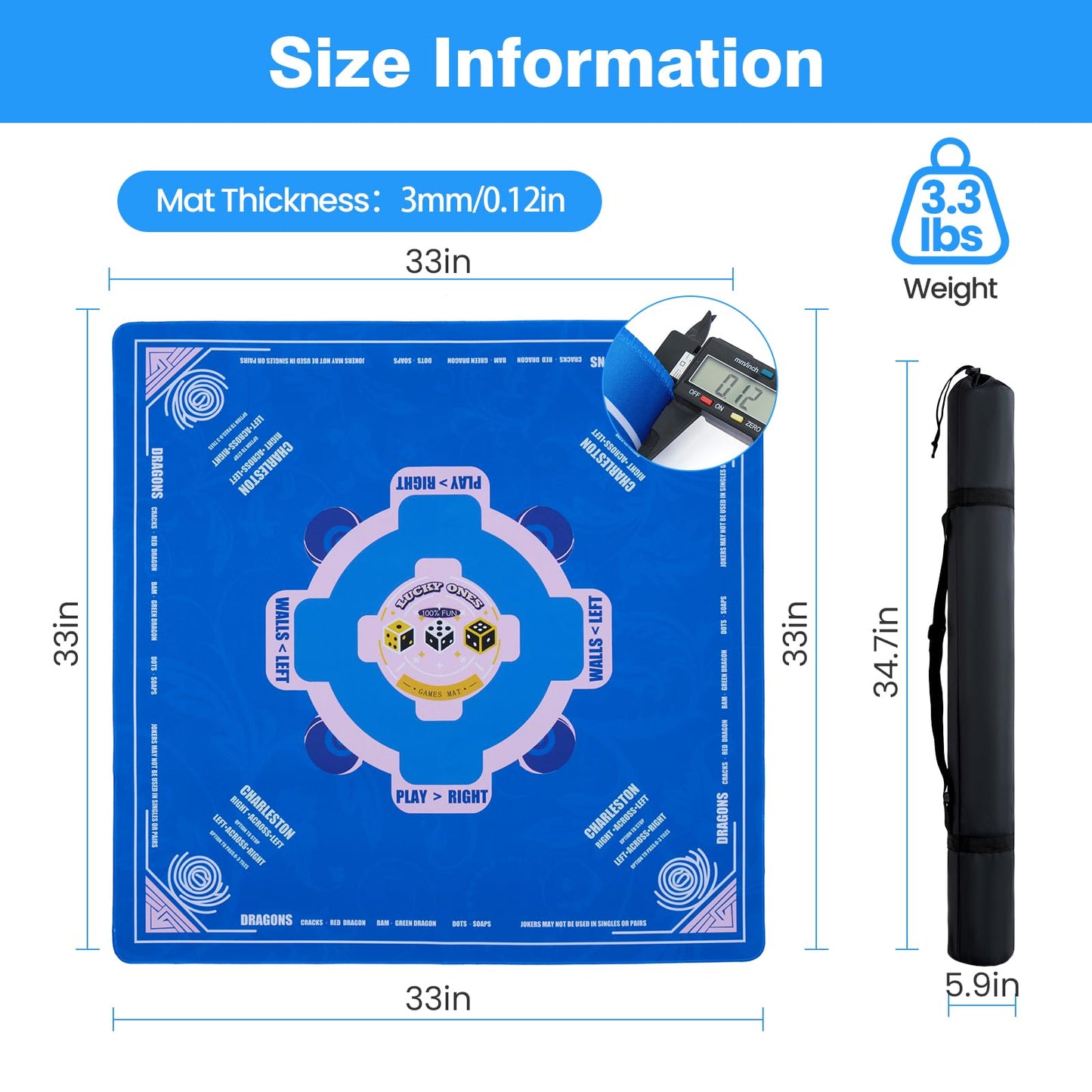 QAZWQAZ Mahjong Mat 33x33 | Noise-Reducing Non-Slip Table Mat with Dice & Carry Bag – Blue