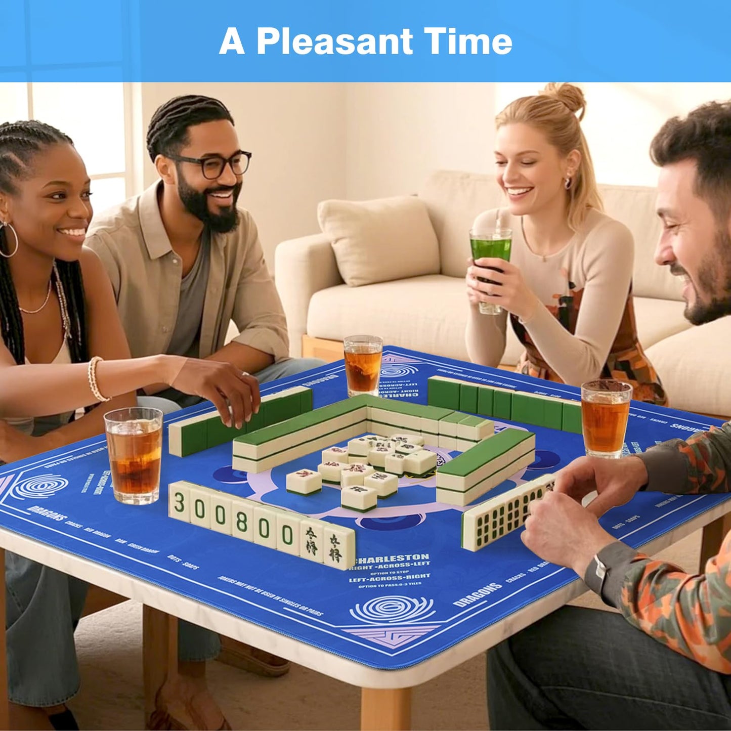 QAZWQAZ Mahjong Mat 33x33 | Noise-Reducing Non-Slip Table Mat with Dice & Carry Bag – Blue