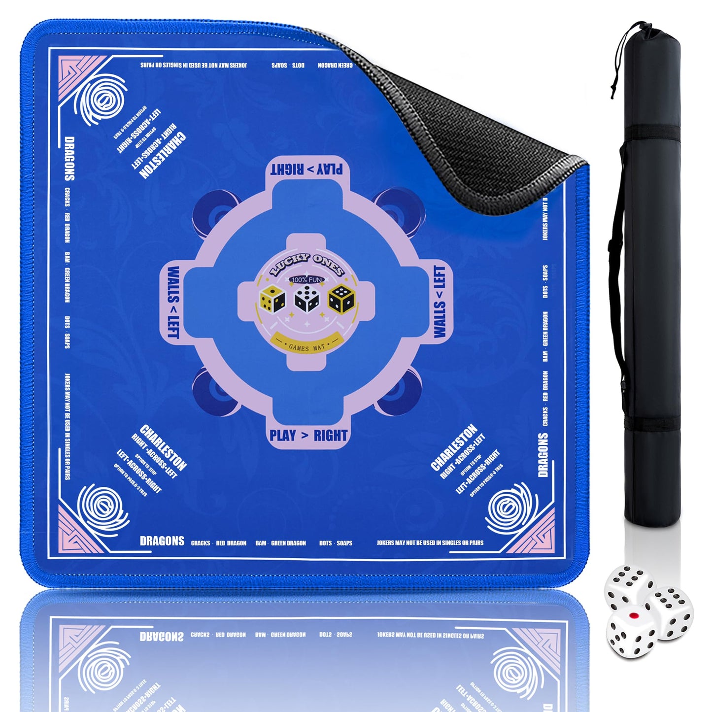 QAZWQAZ Mahjong Mat 33x33 | Noise-Reducing Non-Slip Table Mat with Dice & Carry Bag – Blue