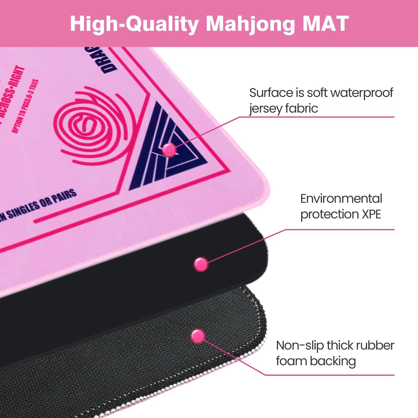 QAZWQAZ Mahjong Mat with Rules 33x33 – Non-Slip Neoprene Pink